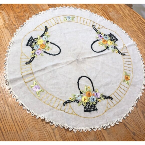 Vintage Table Center Piece Hand-Embroidered Linen Topper Floral Basket Lace Edge - Picture 1 of 14